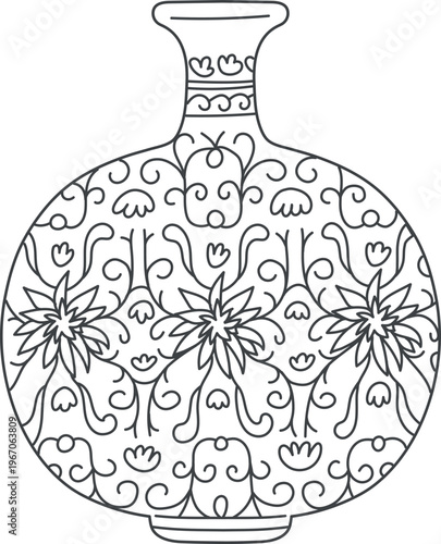 Elegant traditional Asian vase, vector vintage oriental pottery with black and white floral ornaments, flowers pattern