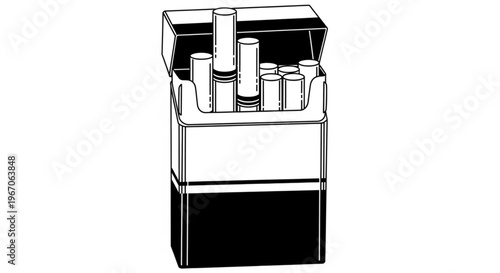 Black and white vector illustration of an open cigarette box with cigarettes inside.