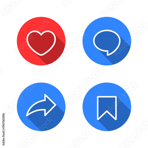 Like, comment, share, and save outline icon with long shadow. Heart, speech bubble, repost, and bookmark symbol