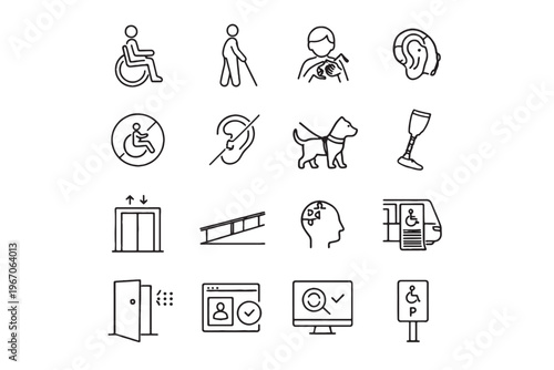 Inclusive symbols and icons representing disability, assistance, and accessibility, providing visual aids for navigating environments and promoting inclusivity and understanding.