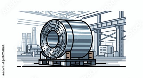 Large metal coil on a pallet inside an industrial factory