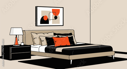 Modern bedroom with abstract art and a bedside table