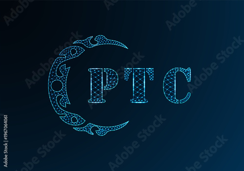 Low poly letter logo PTC design. PTC letter logo low poly vector design on blue color gradient background. PTC logo low poly design