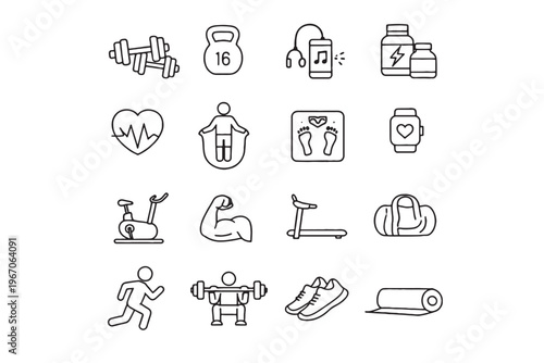 Fitness essentials: a minimalist collection of line art icons representing essential workout elements, from weights to treadmills.