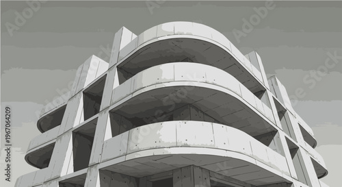 Modern concrete building with curved balconies under a gray sky