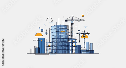 Modern construction site with cranes and unfinished skyscraper