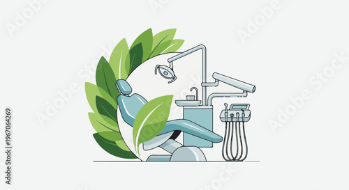 Modern dental chair with natural green leaves on a white background