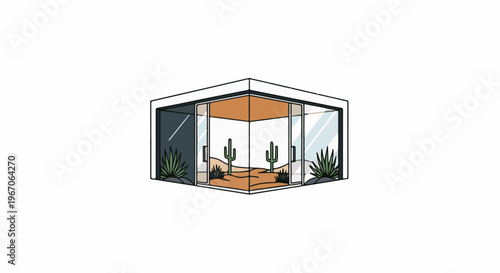 Modern desert dwelling with glass walls and cacti inside