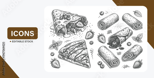 Artistic illustration of assorted crepes with fruits, sauces, and sweet toppings
