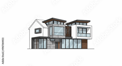 Modern house design with geometric shapes, large windows, and balconies