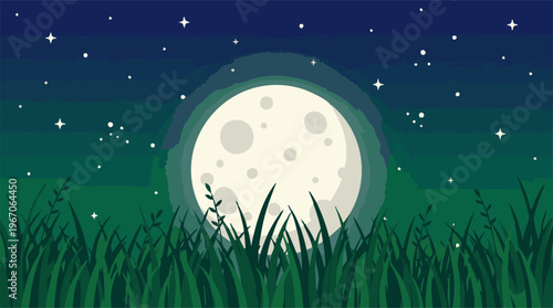 Vector Illustration of Full Moon and Stars Above Green Grass at Night