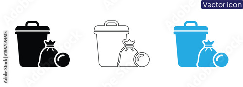 Trash can with garbage bag on white background vector icon set