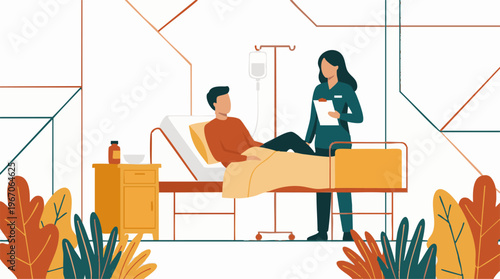 Nurse attending to a male patient receiving medical care in a hospital bed
