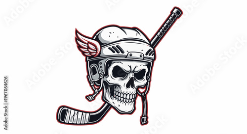 Menacing skull in hockey gear with wings and crossed sticks, menacing