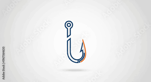 Minimalist outline of a fishing hook with a flame-like orange accent