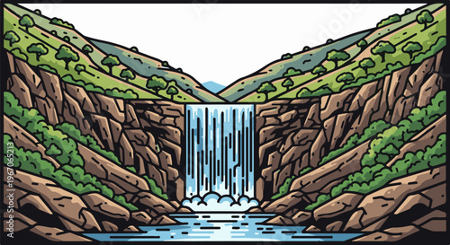 Majestic waterfall cascades down rugged, green-covered cliffs into a calm pool