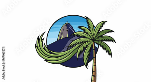 Icon of a palm tree with a mountainous landscape in the background