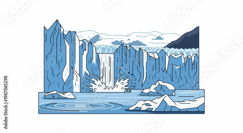 Iceberg calving event with a waterfall and a small boat on blue water