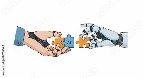 Human and robot hands connect puzzle pieces, one labeled AI