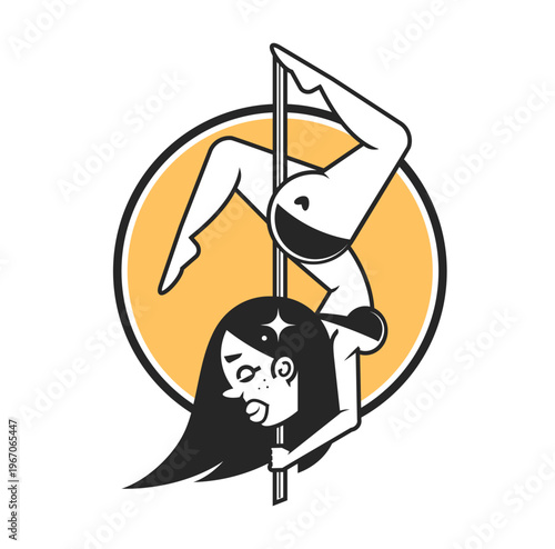 Pole dancer continuous line drawing, tattoo, dancing girl beautiful female abstract silhouette, print for clothes and logo design, silhouette on black