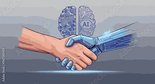 Human and AI handshake symbolizing collaboration and future integration