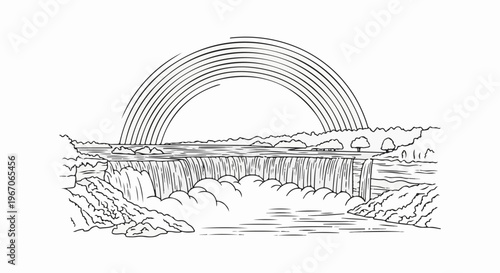 Majestic waterfall cascades under a grand rainbow, framed by lush greenery and rocks