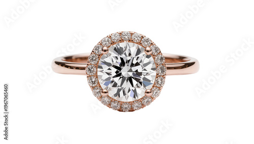 Foto Rose gold halo engagement ring with round brilliant cut diamond, isolated on tra