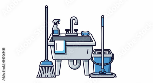 Household cleaning tools including a sink, broom, mop, bucket, spray bottle, and sponge