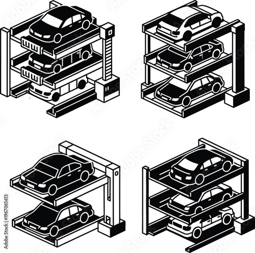 Isometric Automated Multi-Level Car Parking System Vector Art Set, Mechanical Vehicle Lift Illustration