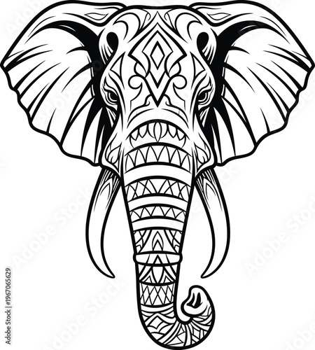 Intricate Tribal Elephant Head Design with Geometric Patterns.