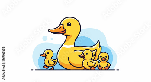 Mama duck and her three ducklings marching in a line