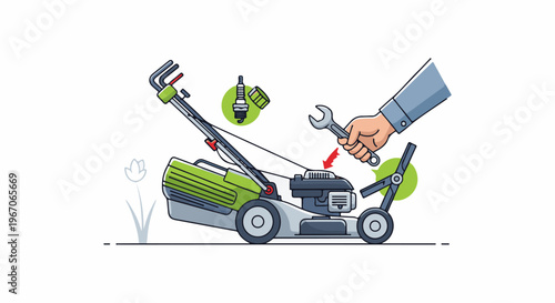 Illustration of a hand using a wrench to repair a lawn mower