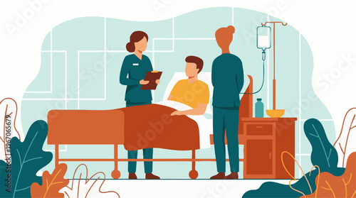 Healthcare professionals caring for a male patient in a hospital bed