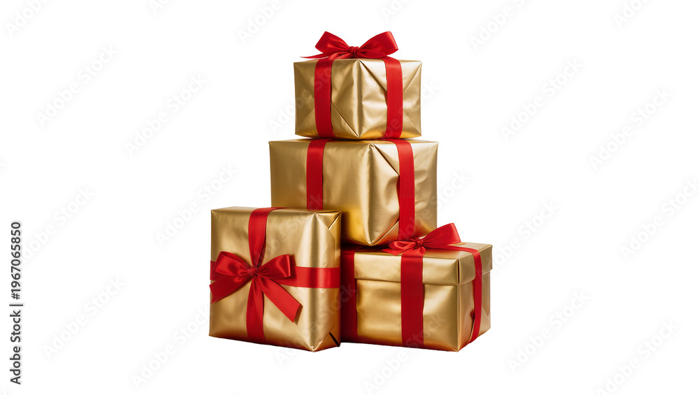Fototapeta premium Stack of golden gift boxes with red ribbons, isolated on transparent background