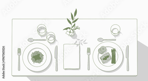 Elegant Table Setting for Two with Dinner Plates, Cutlery, Glasses, and Floral Centerpiece