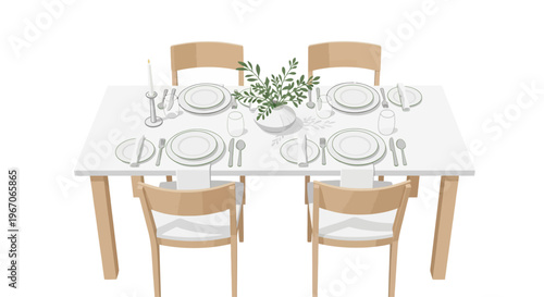Elegant Dining Table Setting for Four with White Plates, Cutlery, and Greenery Centerpiece
