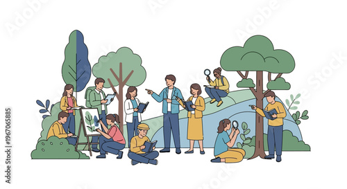 Diverse group of people enjoying outdoor nature study and art class in a park setting