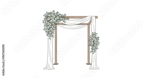 Rustic Wedding Arch Decorated with Greenery and White Draping Fabric, Outdoor Ceremony Setup