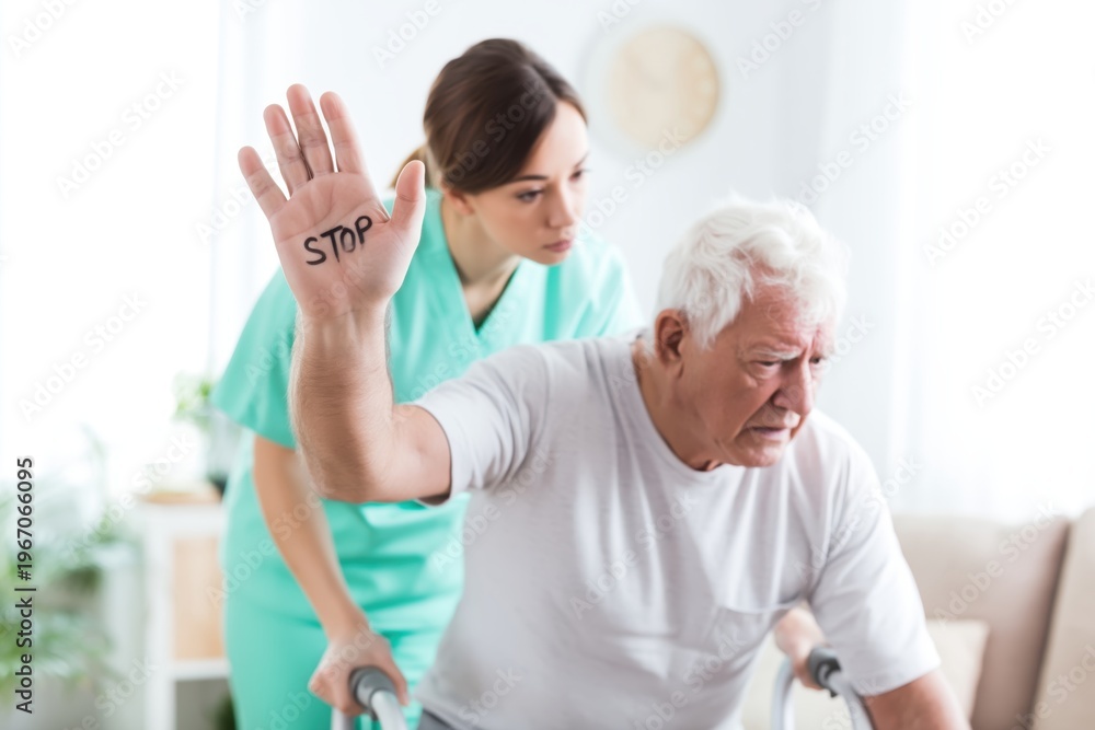 Obraz premium Senior Man with Walker Protests Unwanted Help from Female Nurse