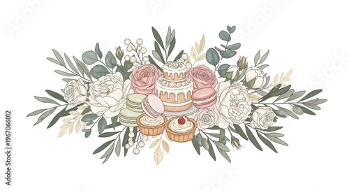 Elegant Floral Cake & Macaron Dessert Arrangement Illustration