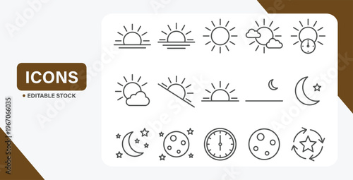 Minimalist day and night cycle icon set with sun, moon, and time phase designs