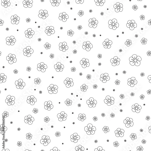 Seamless pattern of simple outline cherry blossoms and dots minimalist floral background for spring design isolated on white vector illustration
