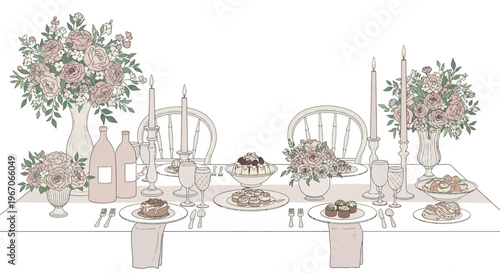 Elegant Dinner Party Table Setting with Floral Arrangements and Candles