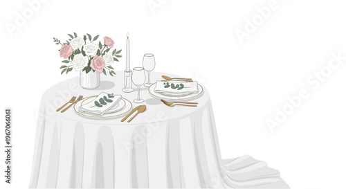 Elegant wedding table setting with floral arrangement and candle