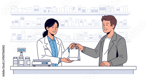 Pharmacist Handing Bag to Customer in Pharmacy
