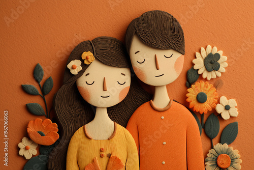 Couple, illustration and flowers for love, romance and togetherness, art, creativity and handmade design in warm colors for decoration and celebration