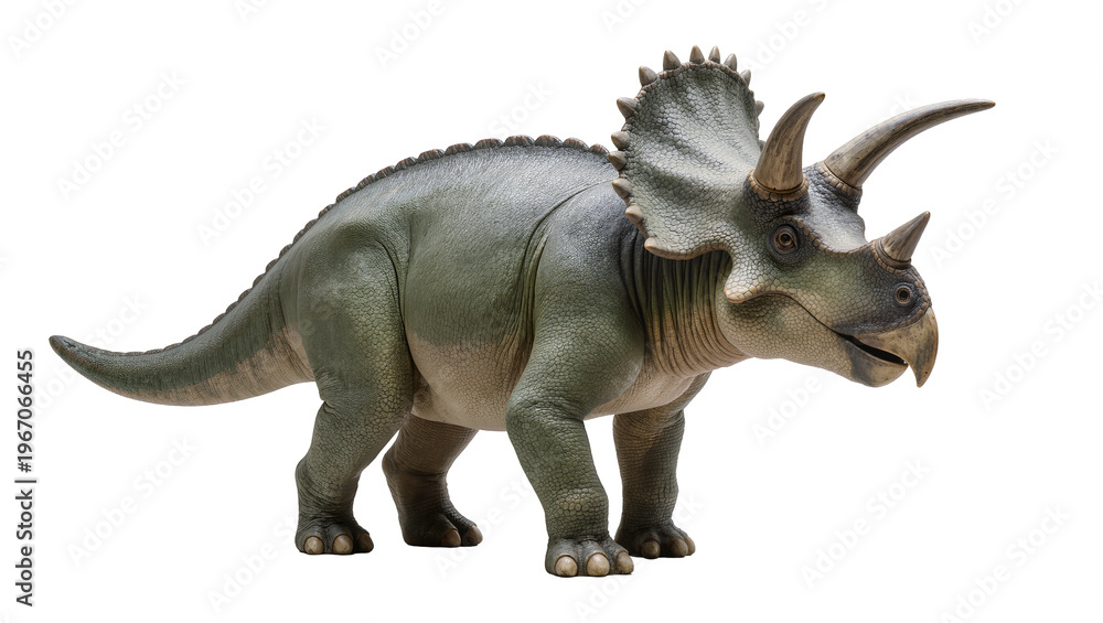 Fototapeta premium Green triceratops dinosaur with three horns, isolated on transparent background