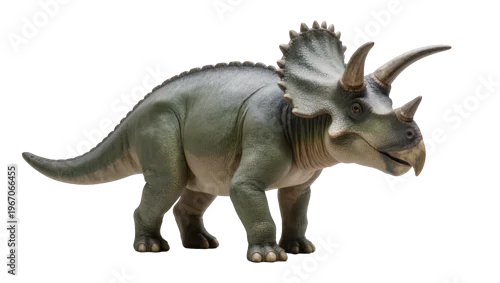 Fototapeta samoprzylepna Green triceratops dinosaur with three horns, isolated on transparent background