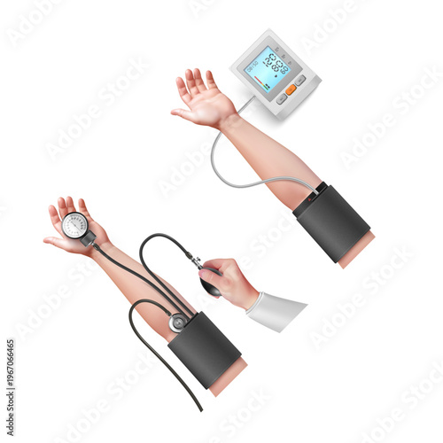 Blood Pressure Monitoring: Visuals depicting a healthcare professional, the process of monitoring blood pressure, using the equipment for medical assessment.