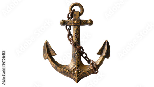 Ornate antique anchor with chain, isolated on transparent background